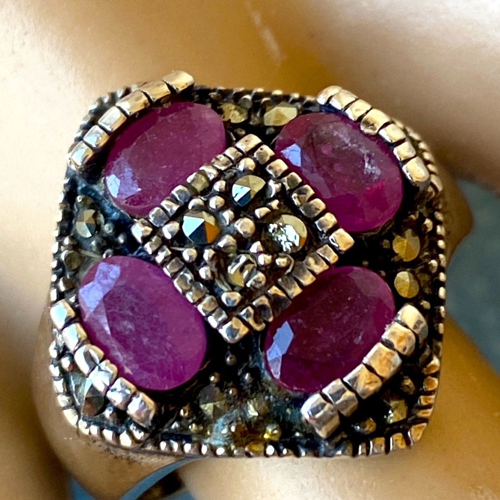 Ruby Marcasite Sterling Silver Ring S 9 - image 3